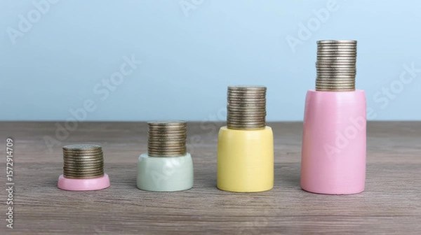 Obraz Stacked Coins in Pastel Colors Representing Financial Growth and Investment Strategy on Wooden Table Background