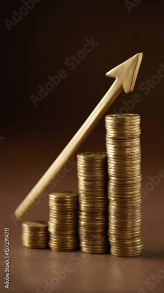 Obraz Stacked Coins Representing Financial Growth with Rising Arrow on a Brown Background