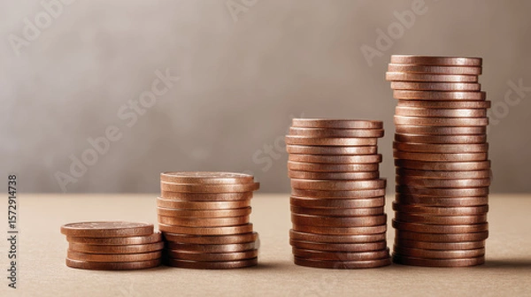 Obraz Stacks of Copper Coins on a Neutral Background Symbolizing Wealth Accumulation and Financial Growth