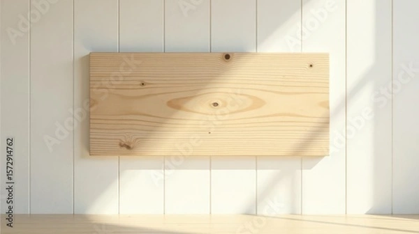 Fototapeta Sunlit Wooden Plank Against White Paneling, Ideal for Rustic Product Display or Minimalist Design Presentation