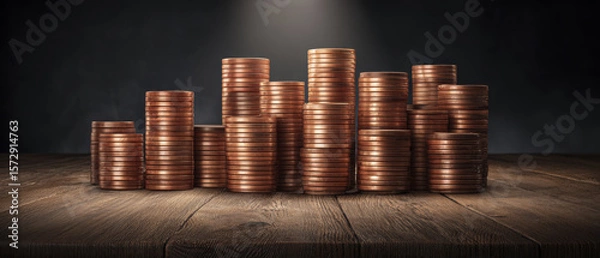 Obraz Stacks Of Copper Coins Representing Wealth And Financial Abundance In A Dark Environment