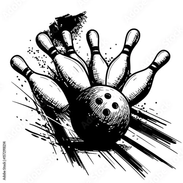 Obraz Bowling Strike: A striking, artistic rendition of a bowling ball hurtling towards a cluster of pins. The image conveys dynamic action and potential success in the game of bowling.