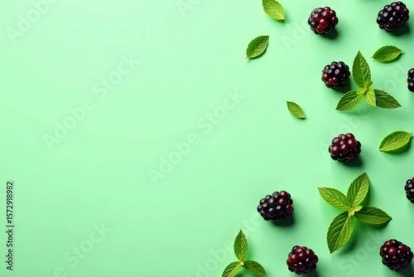 Fototapeta A vibrant arrangement of fresh blackberries and aromatic mint leaves on a light green background provides a refreshing visual