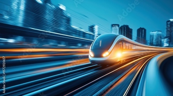 Fototapeta Train High Speed Motion Blur Close up of a hyperloop train front, blurred surroundings highlighting its swift movement