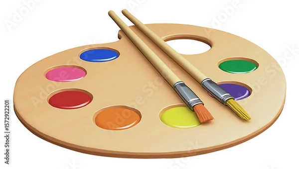 Fototapeta Wooden Artist's Palette with Bright Paint Blobs on Transparent Background