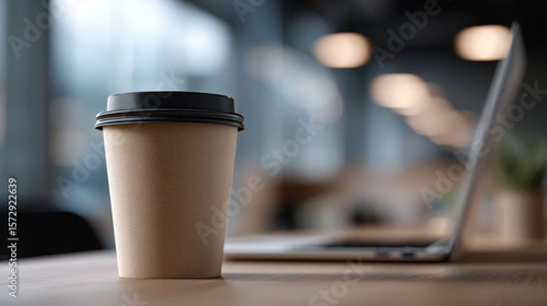 Fototapeta カフェで楽しむテイクアウトコーヒーとPC作業 | 洗練された空間