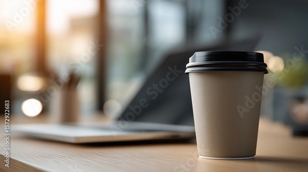 Obraz 朝の光差し込むワークスペースのコーヒータイム | 温かみのある色調