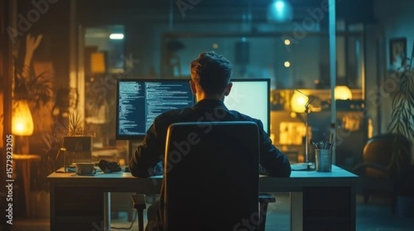 Obraz Dedicated programmer working late into night on complex code development task