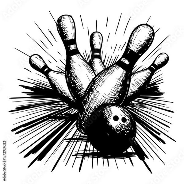 Obraz Bowling Strike: Dynamic sketch of bowling ball hitting pins, creating a strike.  Illustrative style with dynamic lines, emphasizing action and excitement. 