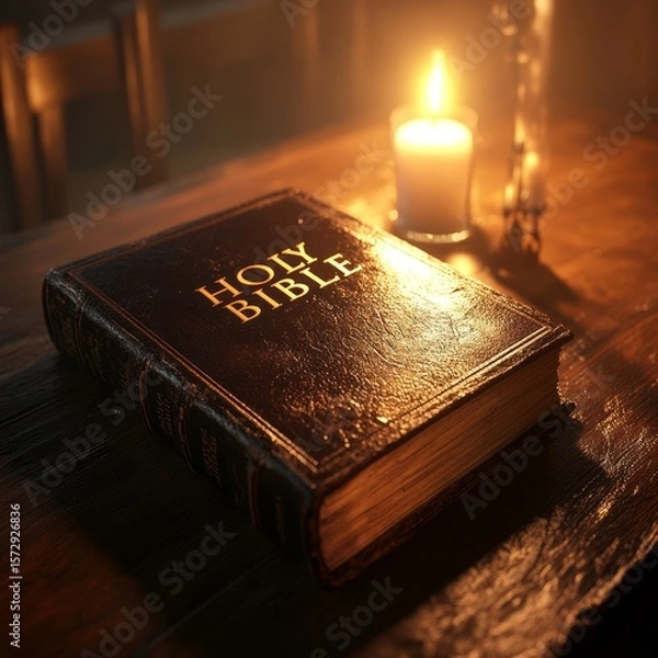 Obraz Holy Bible illuminated by candlelight on a rustic wooden table for prayer