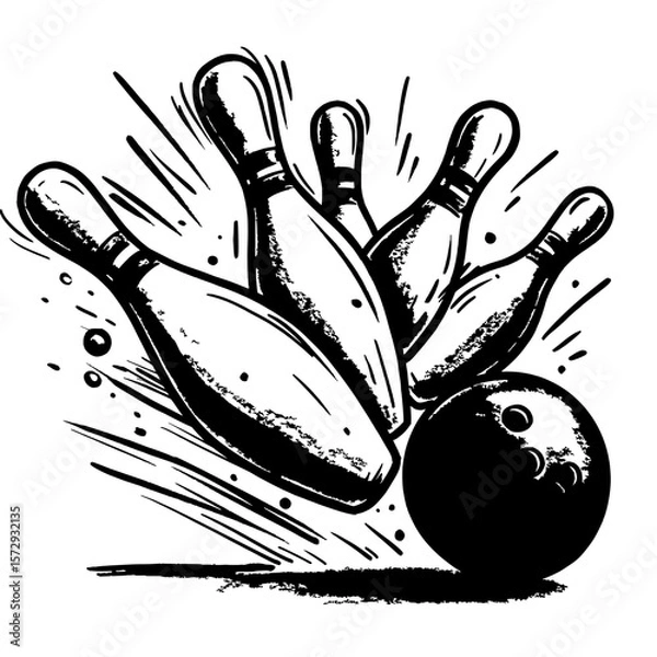 Obraz Bowling Strike: A dynamic sketch illustration of a bowling ball colliding with bowling pins, showing the impact and motion of a strike.