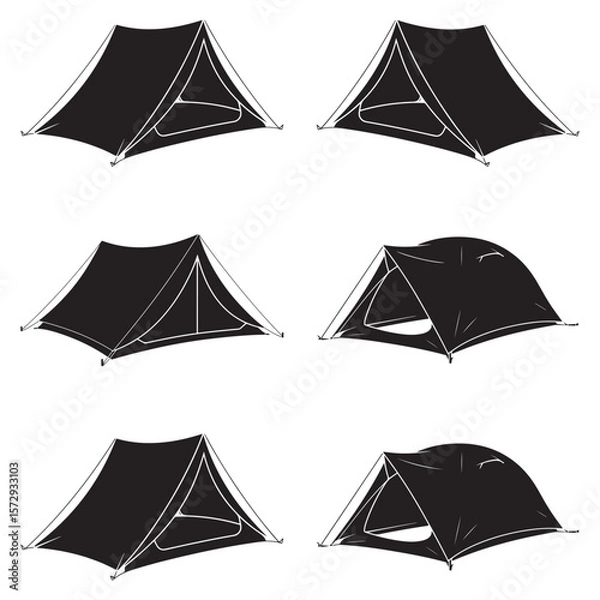 Fototapeta Minimalist Black Tent Silhouette Vector on White Background – Outdoor Camping Design for Adventure Projects with Dome, Ridge, A-Frame, and Tunnel Tent Styles. Thank You . 