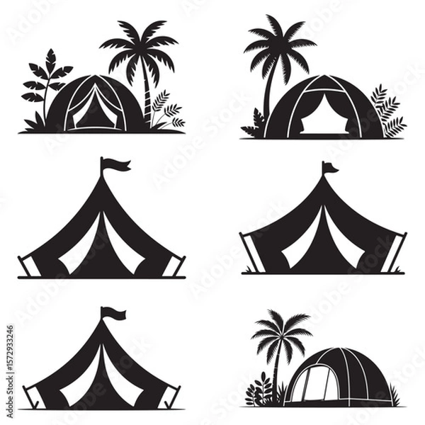 Fototapeta Minimalist Black Tent Silhouette Vector on White Background – Outdoor Camping Design for Adventure Projects with Dome, Ridge, A-Frame, and Tunnel Tent Styles. Thank You . 