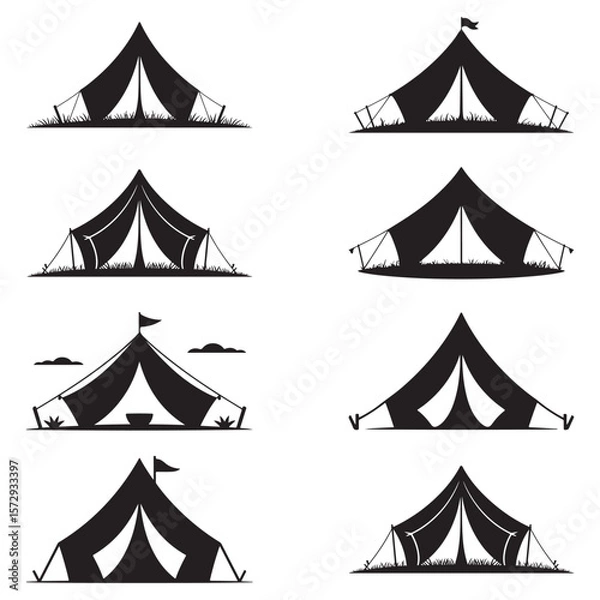 Fototapeta Minimalist Black Tent Silhouette Vector on White Background – Outdoor Camping Design for Adventure Projects with Dome, Ridge, A-Frame, and Tunnel Tent Styles. Thank You . 