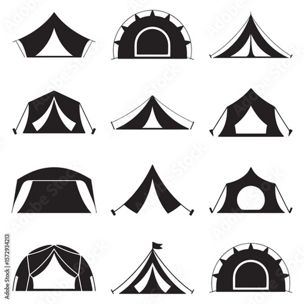 Fototapeta Minimalist Black Tent Silhouette Vector on White Background – Outdoor Camping Design for Adventure Projects with Dome, Ridge, A-Frame, and Tunnel Tent Styles. Thank You . 