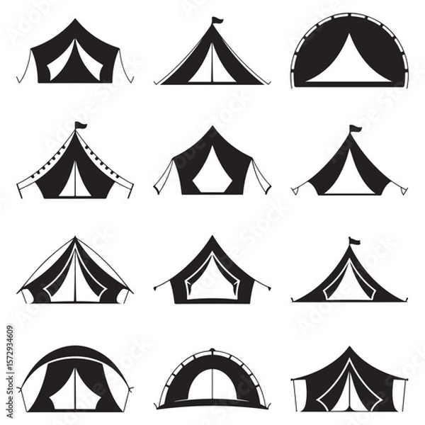 Fototapeta Minimalist Black Tent Silhouette Vector on White Background – Outdoor Camping Design for Adventure Projects with Dome, Ridge, A-Frame, and Tunnel Tent Styles. Thank You . 