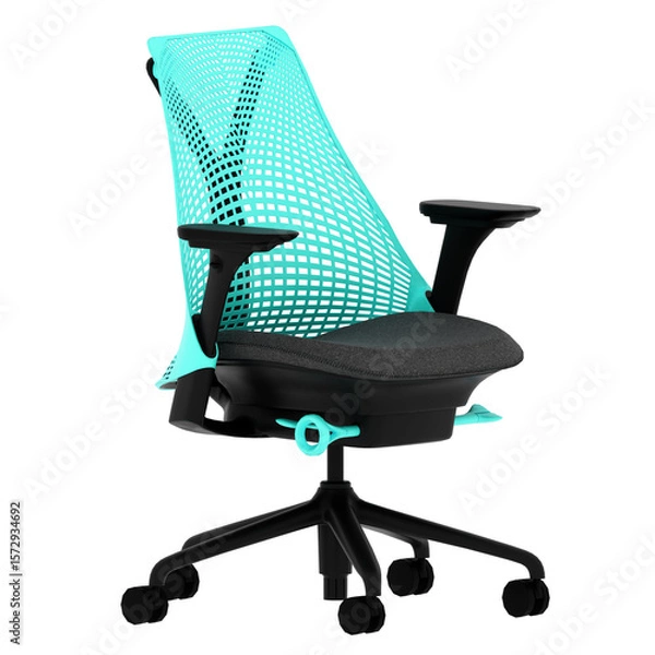 Fototapeta 3d render ergonomic blue mesh office chair with transparent background