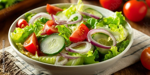 Fototapeta fresh garden salad in a white bowl, with crisp romaine lettuce, sliced cucumber, halved cherry tomatoes