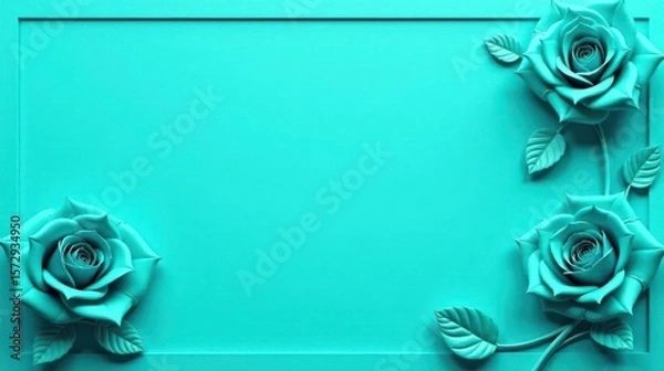 Fototapeta Elegant Teal Roses Frame with Copy Space for Romantic Designs and Announcements