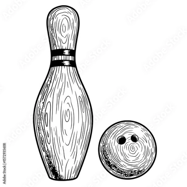 Obraz Bowling Pin and Ball: Classic monochrome artwork of a bowling pin and ball, capturing the essence of the game, perfect for sports and leisure themes.