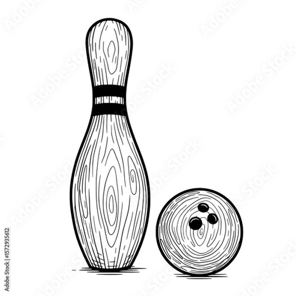 Obraz Striking the Perfect Balance: An ink illustration captures a bowling pin and ball, set against a neutral background. With artistic detail, this image is ideal for sports and leisure-themed projects.
