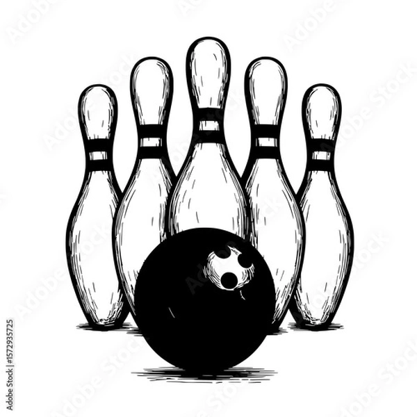Obraz Bowling Pins and Ball: A striking illustration of a bowling ball poised to strike a formation of pins. The minimalist design captures the energy and anticipation of a game.