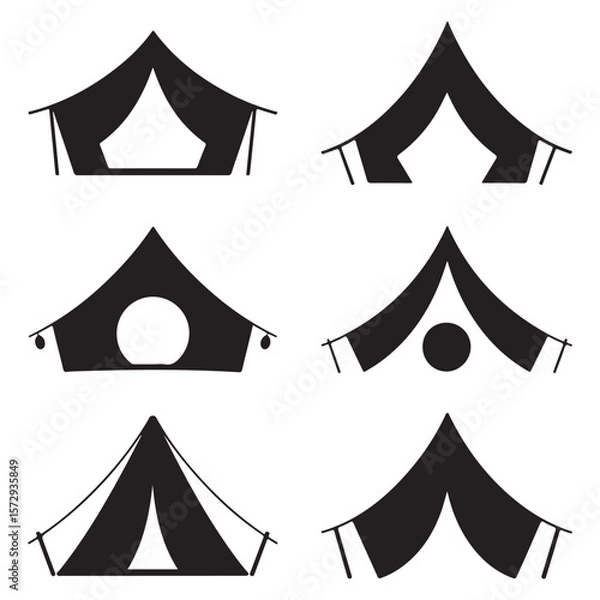 Fototapeta Minimalist Black Tent Silhouette Vector on White Background – Outdoor Camping Design for Adventure Projects with Dome, Ridge, A-Frame, and Tunnel Tent Styles. Thank You . 