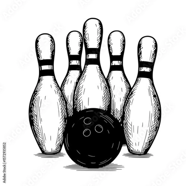 Obraz Bowling Pins and Ball: A detailed hand-drawn illustration of bowling pins standing in formation, with a bowling ball ready to strike. capturing a classic game element.