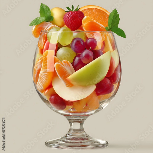 Fototapeta Vibrant Fresh Fruit Salad in Glass Bowl Featuring Strawberries, Kiwi, and Oranges - A Colorful Summer Dessert Display