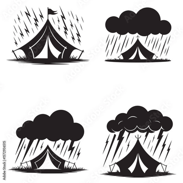 Fototapeta Minimalist Black Tent Silhouette Vector on White Background – Outdoor Camping Design for Adventure Projects with Dome, Ridge, A-Frame, and Tunnel Tent Styles. Thank You . 