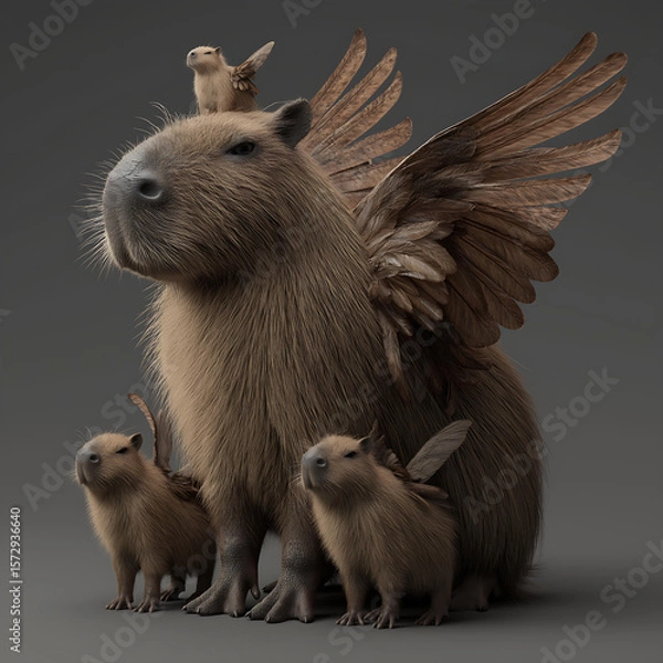 Fototapeta Whimsical Capybara Family with Wings: A Fantasy Illustration in Vibrant Colors