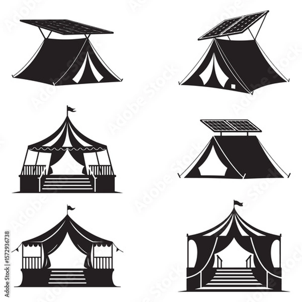 Fototapeta Minimalist Black Tent Silhouette Vector on White Background – Outdoor Camping Design for Adventure Projects with Dome, Ridge, A-Frame, and Tunnel Tent Styles. Thank You . 