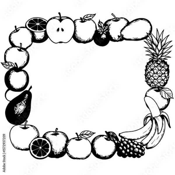 Obraz Artistic Fruit Frame: A handcrafted frame artfully composed with a diverse arrangement of succulent fruit illustrations, perfect for designs that celebrate freshness, health, and organic goodness.