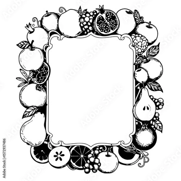 Obraz Orchard Frame: An inviting hand-drawn illustration frames a blank space, adorned with a bountiful arrangement of various fruits, symbolizing abundance and the refreshing goodness of nature.