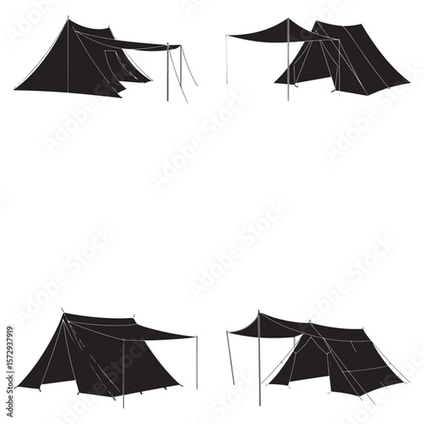 Fototapeta Minimalist Black Tent Silhouette Vector on White Background – Outdoor Camping Design for Adventure Projects with Dome, Ridge, A-Frame, and Tunnel Tent Styles. Thank You . 