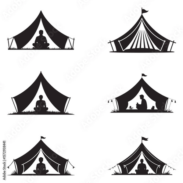 Fototapeta Minimalist Black Tent Silhouette Vector on White Background – Outdoor Camping Design for Adventure Projects with Dome, Ridge, A-Frame, and Tunnel Tent Styles. Thank You . 
