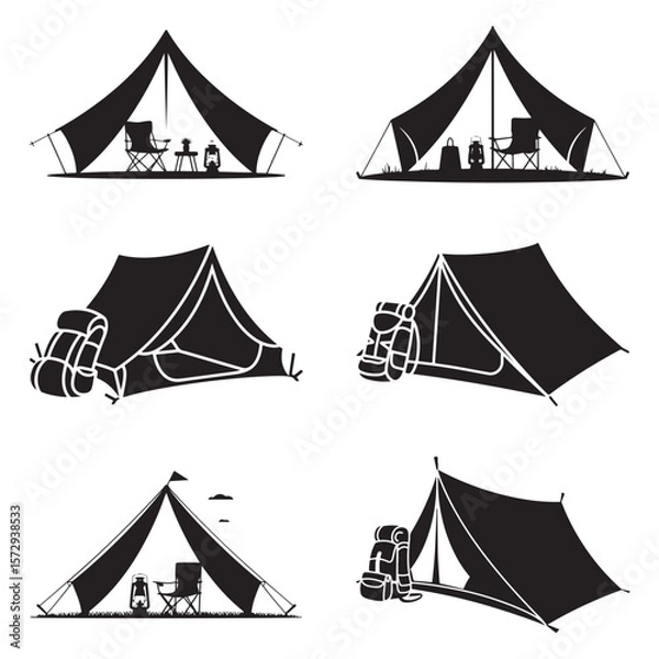 Fototapeta Minimalist Black Tent Silhouette Vector on White Background – Outdoor Camping Design for Adventure Projects with Dome, Ridge, A-Frame, and Tunnel Tent Styles. Thank You . 