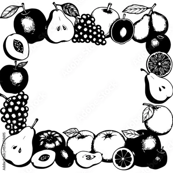 Obraz Ornate Fruit Frame: A detailed black and white frame composed of various fruits arranged in an elegant pattern.