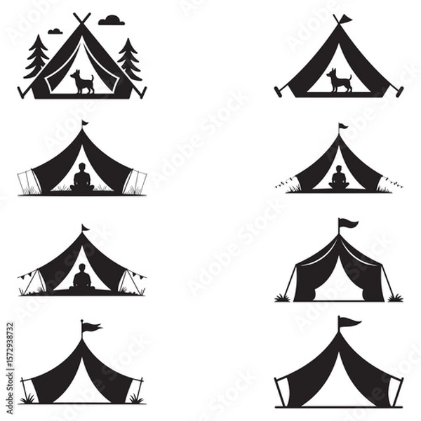 Fototapeta Minimalist Black Tent Silhouette Vector on White Background – Outdoor Camping Design for Adventure Projects with Dome, Ridge, A-Frame, and Tunnel Tent Styles. Thank You . 