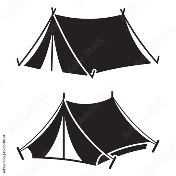 Fototapeta Minimalist Black Tent Silhouette Vector on White Background – Outdoor Camping Design for Adventure Projects with Dome, Ridge, A-Frame, and Tunnel Tent Styles. Thank You . 