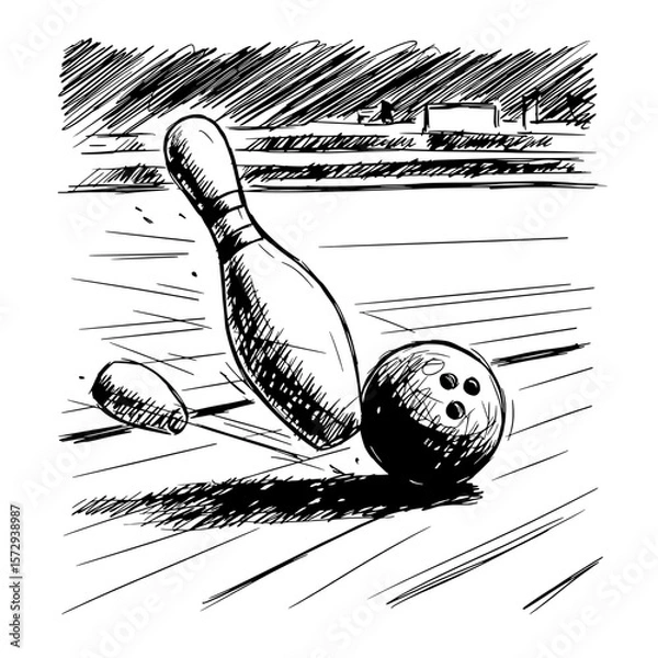 Obraz Bowling Strike: Dynamic sketch of bowling ball striking pins, capturing the excitement of a perfect strike.