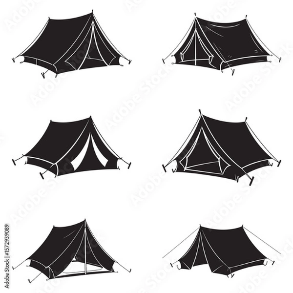 Fototapeta Minimalist Black Tent Silhouette Vector on White Background – Outdoor Camping Design for Adventure Projects with Dome, Ridge, A-Frame, and Tunnel Tent Styles. Thank You . 