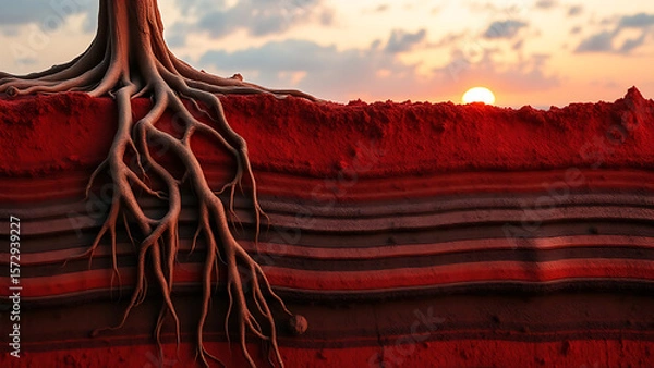 Obraz Dark red laterite soil, iron and aluminum oxides form a concrete crust. Tropical roots penetrate cracks, and water erosion patterns reveal sedimentary layers. Backlit image at sunset.