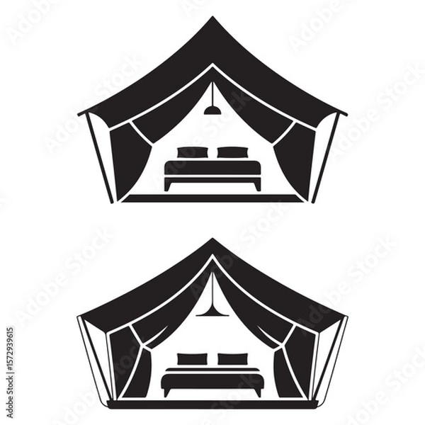 Fototapeta Minimalist Black Tent Silhouette Vector on White Background – Outdoor Camping Design for Adventure Projects with Dome, Ridge, A-Frame, and Tunnel Tent Styles. Thank You . 