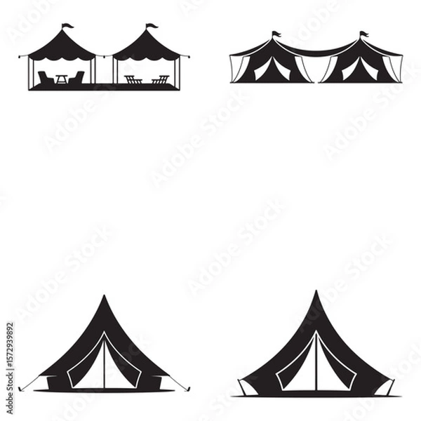 Fototapeta Minimalist Black Tent Silhouette Vector on White Background – Outdoor Camping Design for Adventure Projects with Dome, Ridge, A-Frame, and Tunnel Tent Styles. Thank You . 