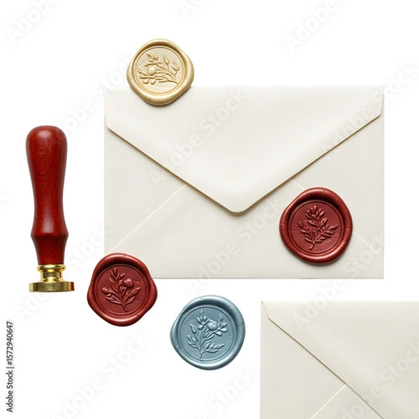 Fototapeta Set of premium wax letter seals with envelope and stamp, isolated on transparent background