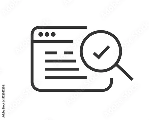Fototapeta Web site document review icon simple graphic line art stroke, website webpage quality content proofread check mark sign symbol pictogram, thin linear fraud audit search research checkmark analysis