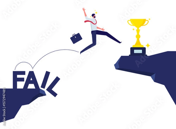 Fototapeta Fail to success, using failure to be lesson learn to achieve business success, businessman jumping between cliff