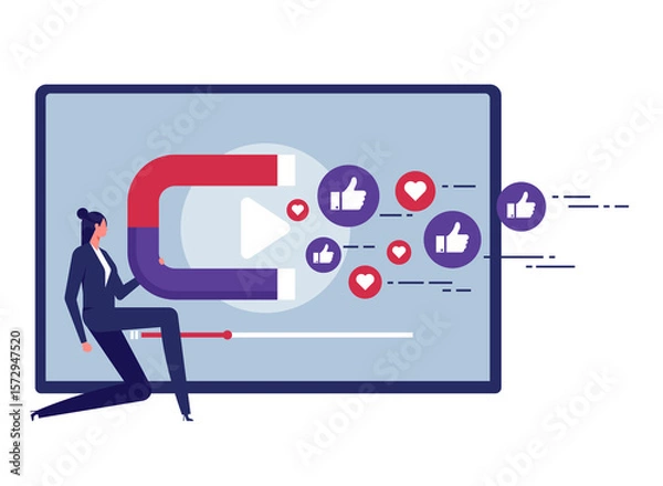 Fototapeta Promotion in social media and customer acquisition, businesswoman holding magnet to call to action from audience or customer as influence marketing or advertising, attracting users and customers