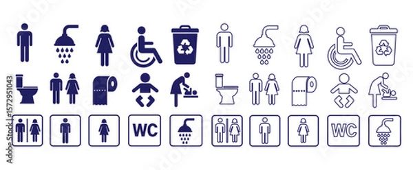 Fototapeta WC icon set. Toilet, restroom, man and woman, bathroom, disabled, dumpster, toilet paper, infant. Vector Illustration